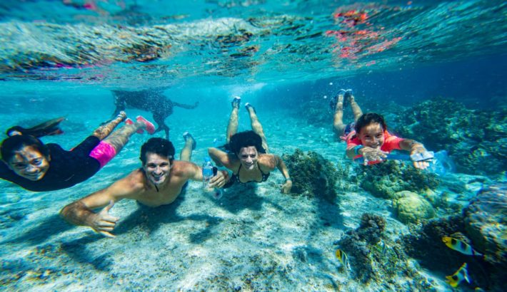 Family snorkeling together in clear waters