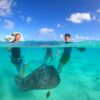 Snorkeler diving with manta rays in Tuamotu Atoll