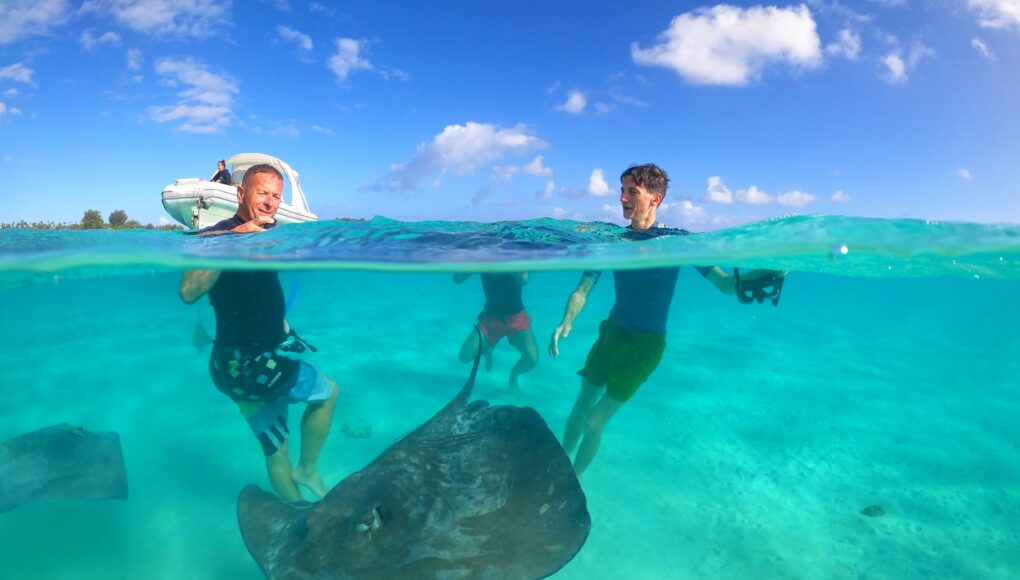 Snorkeler diving with manta rays in Tuamotu Atoll