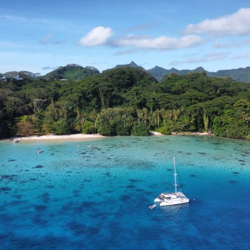 Aerial view of a yacht charter in French Polynesia